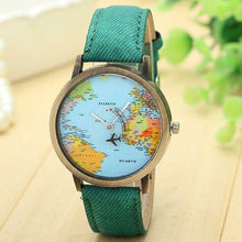 Load image into Gallery viewer, Hot Sell Women Watches Fashion Global Travel By Plane Map Dress Denim Fabric Band my17