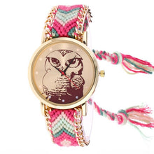 Load image into Gallery viewer, Free Shipping Watch Owl Cartoon Printed Round Case Analog Knitted Rope Chain Bracelet Wrist Watch 170630