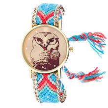Load image into Gallery viewer, Free Shipping Watch Owl Cartoon Printed Round Case Analog Knitted Rope Chain Bracelet Wrist Watch 170630
