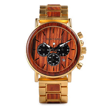 Load image into Gallery viewer, BOBO BIRD Gold Watch Men Luxury Brand Wooden Wristwatches Date Display Stop Watches reloj golden hour