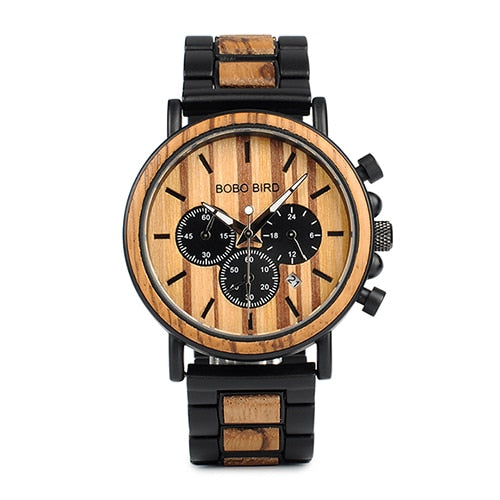 BOBO BIRD P09 Wood and Stainless Steel Watches Luminous Hands Stop Watch Mens Quartz Wristwatches in Wooden Box dropshipping