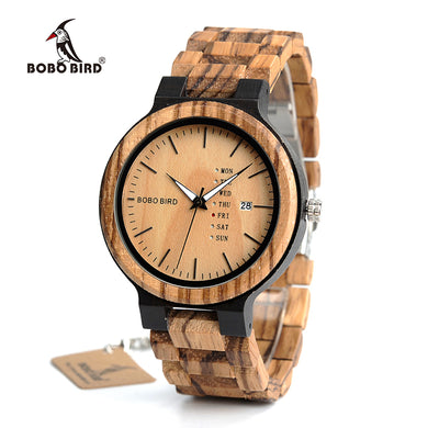 BOBO BIRD Antique Mens Zebra and Ebony Wood Watches with Date and Week Display Business Watch in Wooden Gift Box