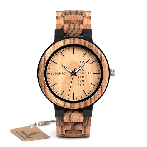 BOBO BIRD Antique Mens Zebra and Ebony Wood Watches with Date and Week Display Business Watch in Wooden Gift Box