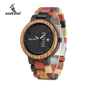 BOBO BIRD P14 Antique Mens Wood Watches Date and Week Display Business Watch with Unique Mixed Color Wooden Band