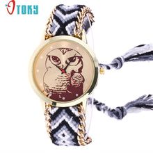 Load image into Gallery viewer, Free Shipping Watch Owl Cartoon Printed Round Case Analog Knitted Rope Chain Bracelet Wrist Watch 170630
