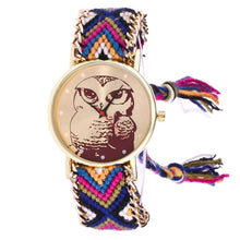 Load image into Gallery viewer, Free Shipping Watch Owl Cartoon Printed Round Case Analog Knitted Rope Chain Bracelet Wrist Watch 170630
