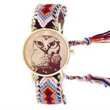 Load image into Gallery viewer, Free Shipping Watch Owl Cartoon Printed Round Case Analog Knitted Rope Chain Bracelet Wrist Watch 170630
