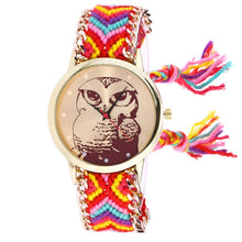 Load image into Gallery viewer, Free Shipping Watch Owl Cartoon Printed Round Case Analog Knitted Rope Chain Bracelet Wrist Watch 170630
