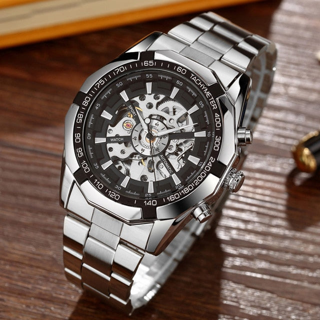 Top Brand Automatic Watch Men Luminous Silver Skeleton Self-wind Watch Male Clock Mechanical Steel Band Watch Relogio Masculino