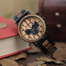 Load image into Gallery viewer, BOBO BIRD Unique Dial Stopwatch Bamboo Wooden Watches Men Wrist Watch With Date Create clock Gift In Wood Box saat erkek
