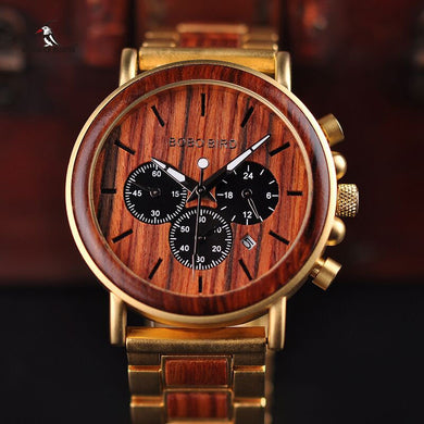 BOBO BIRD Gold Watch Men Luxury Brand Wooden Wristwatches Date Display Stop Watches reloj golden hour