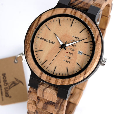 BOBO BIRD Wooden Men Watches Quarzt Wristwatch Male Show Date and Week Timepieces in Gifts Wood Box Saat erkek relojes Drop Ship