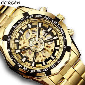 Top Luxury Golden Automatic Mechanical Watches Men Skeleton Stainless Steel Self Wind Mens Sport Wrist Watch Hand Clock relogio