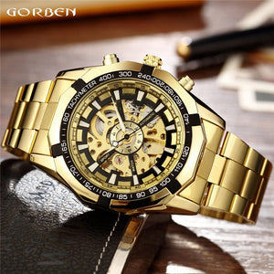 Top Luxury Golden Automatic Mechanical Watches Men Skeleton Stainless Steel Self Wind Mens Sport Wrist Watch Hand Clock relogio