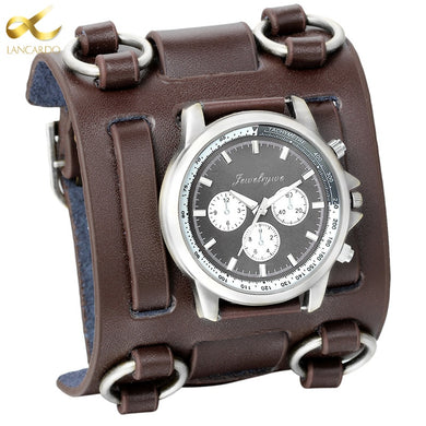 LANCARDO Men's Punk Retro Tachymetre Wide Strap Watches Male Reloj Watch Leather Bracelet Quartz WristWatch For Man Gifts Clock