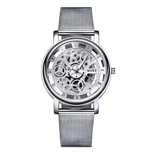 Fashion Business Skeleton Watch Men Engraving Hollow Dress Quartz Wristwatch Stainless Steel Band Clock Relojes Mujer Drop Ship